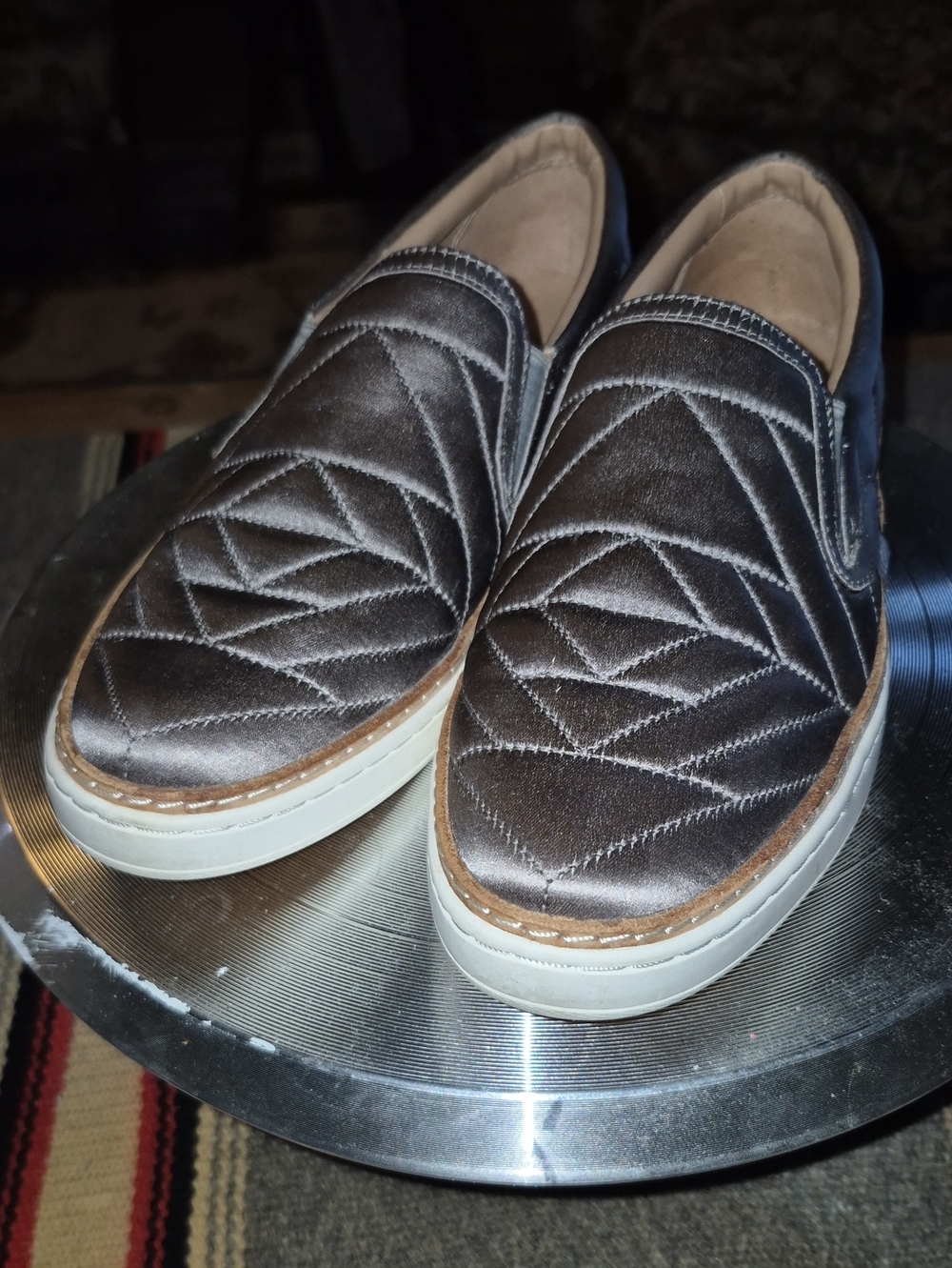 UGG "Soleda": Satin quilted slip-on sneakers. , Silver Grey color.EC(#1856S) - Picture 1 of 16